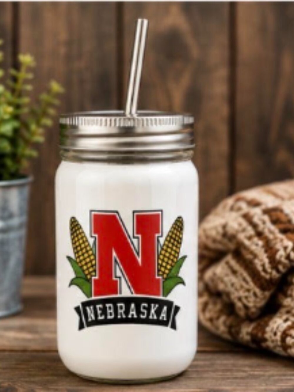 N Nebraska White Mason Cup w/ Straw